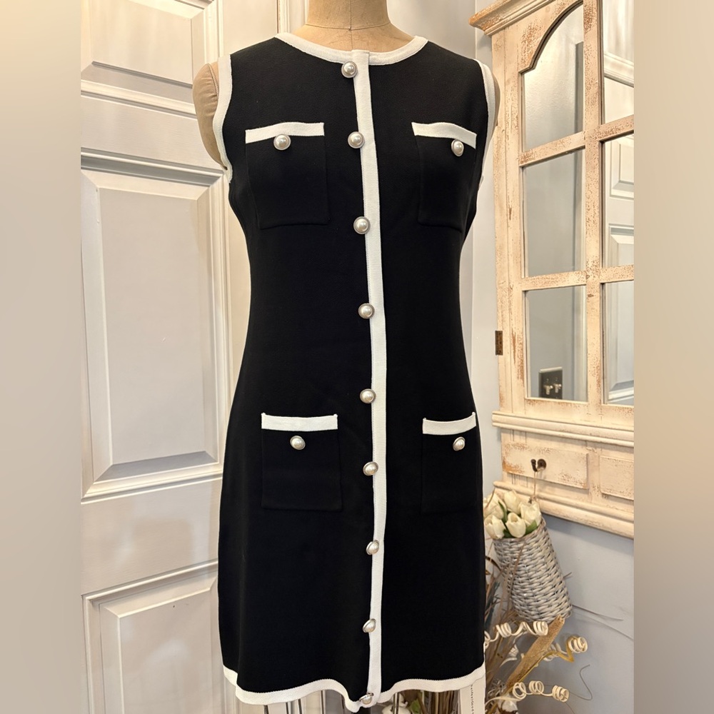 Commense  Sleeveless Black and White Faux Pearl-Trim Chanel Style MIDI Dress L‎ - Picture 2 of 8